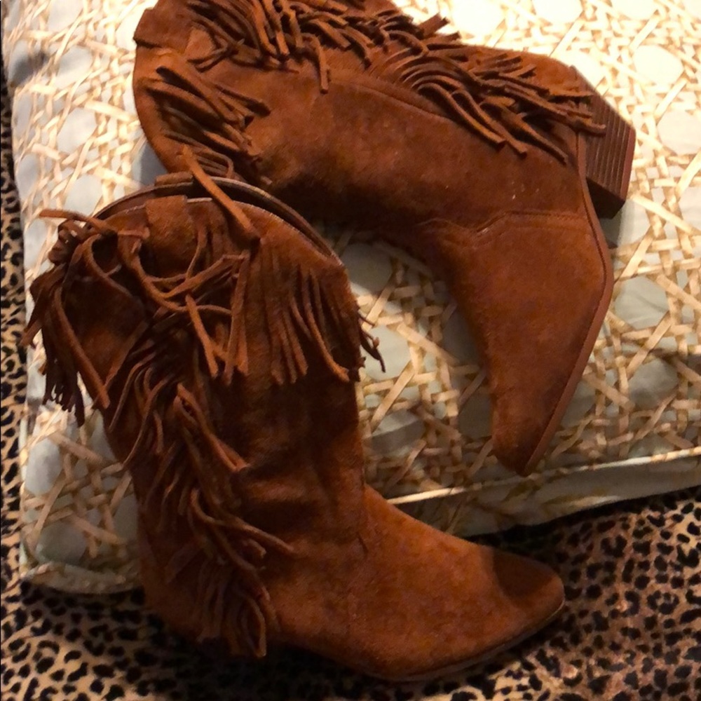 Leather craft brown suede,fringe western boots 7